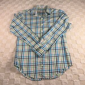Peter Millar Crown Ease golf logo Plaid Button Down Shirt Mens Small Green Blue‎